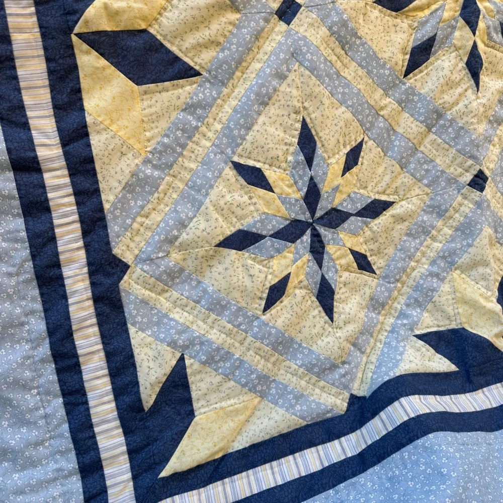 Handmade Star Patchwork Quilt Blue Yellow Floral Granny cottage blanket 84x84